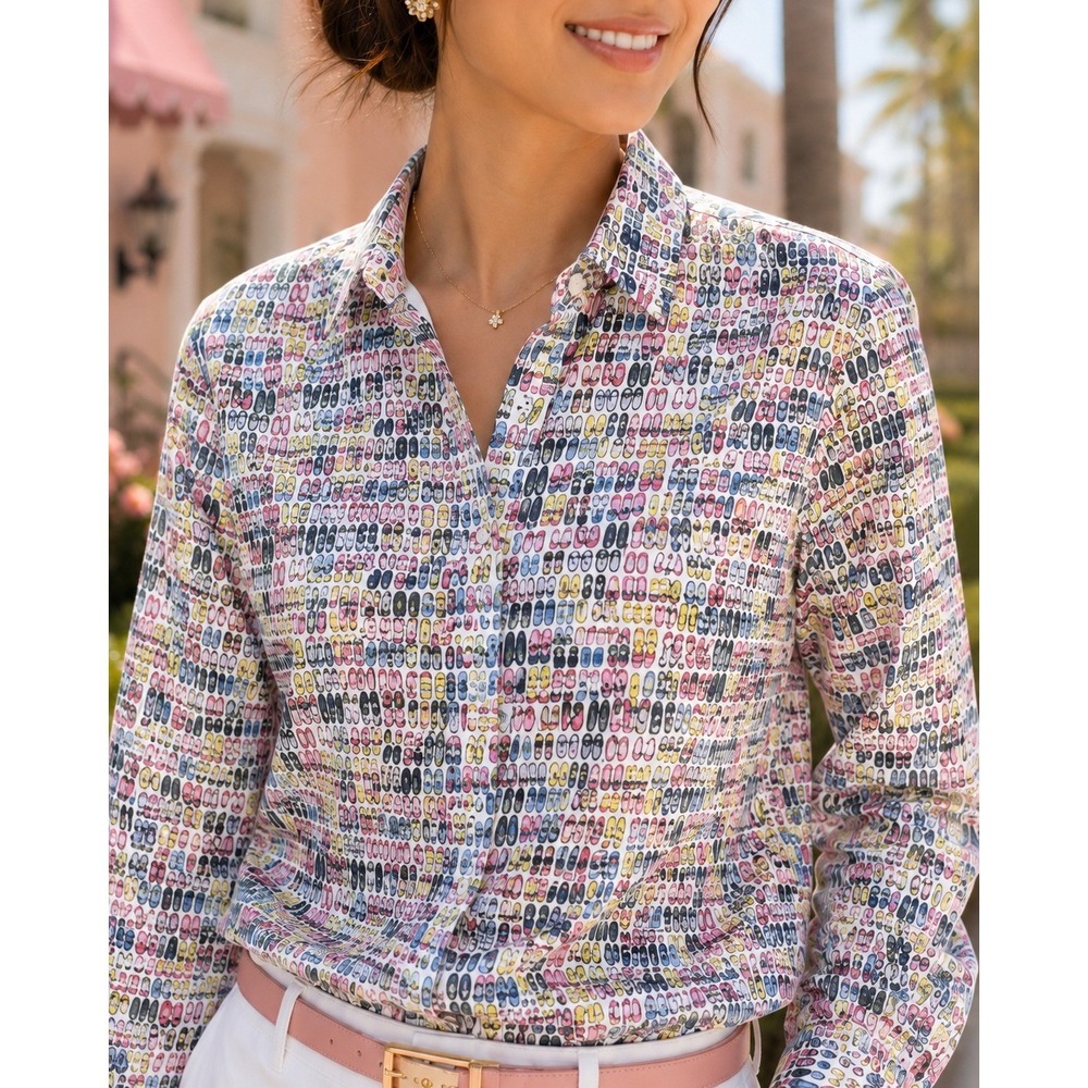 Eterna Women's Novelty Shoe Print Button Down‎ Shirt EU 36 US 6  Preppy Cotton